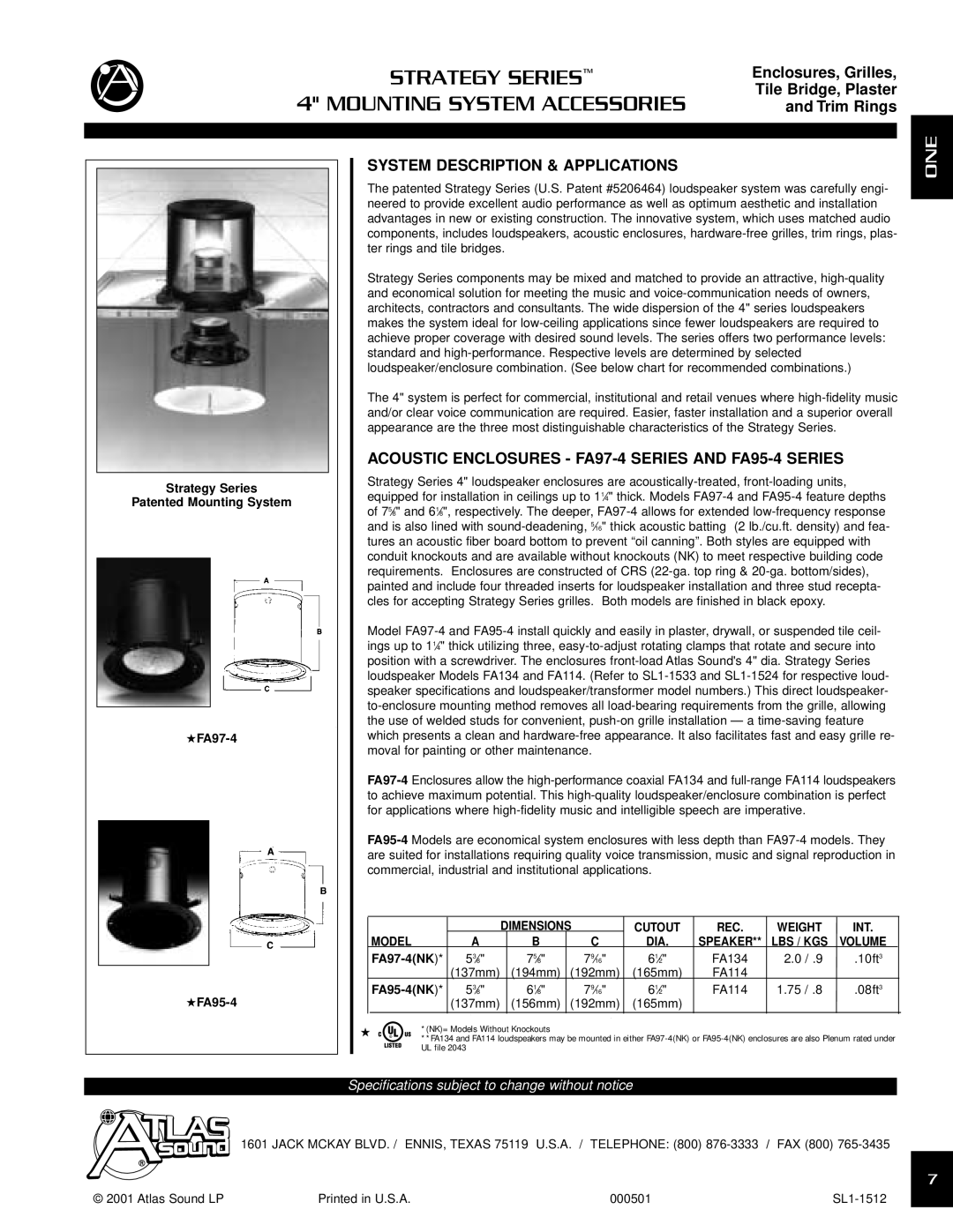 Atlas Sound specifications System Description & Applications, Acoustic Enclosures FA97-4 Series and FA95-4 Series 