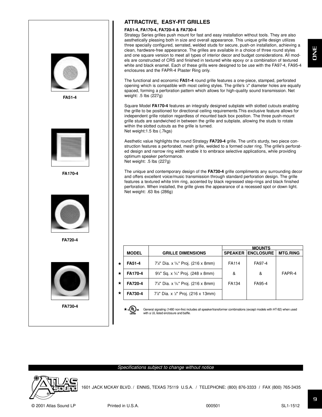 Atlas Sound FA97-4 ATTRACTIVE, EASY-FIT Grilles, FA51-4 FA170-4 FA720-4 FA730-4, FA51-4, FA170-4, FA720-4 & FA730-4 