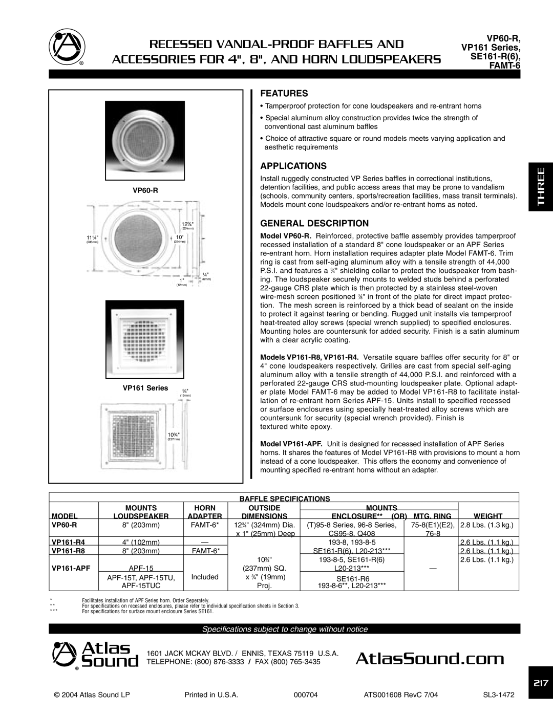 Atlas Sound VP60-R, VP161 SERIES, SE161-R(6) specifications FAMT-6, Features, Applications, General Description 