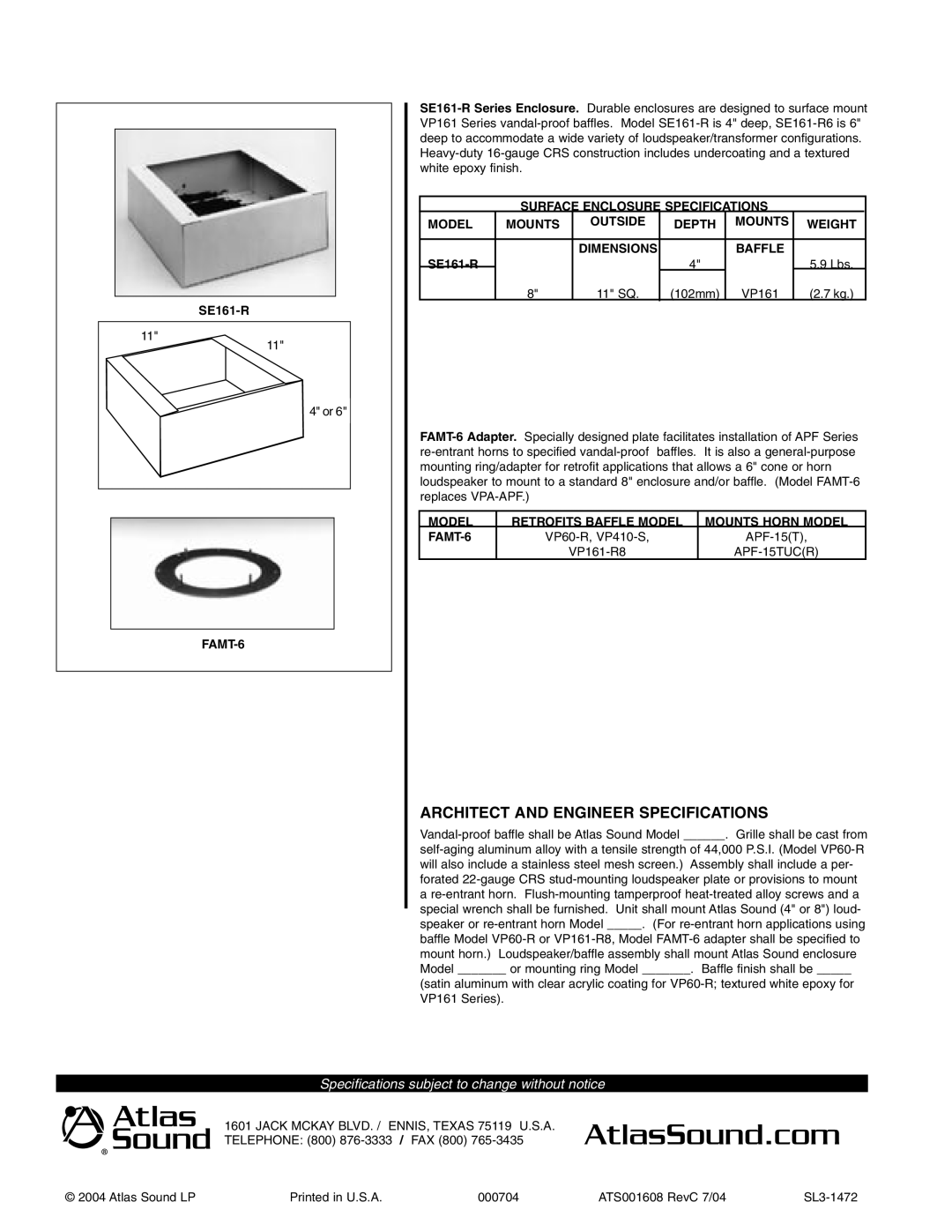 Atlas Sound VP161 SERIES, FAMT-6, VP60-R Architect and Engineer Specifications, SE161-R Lbs 11 SQ 102mm VP161 