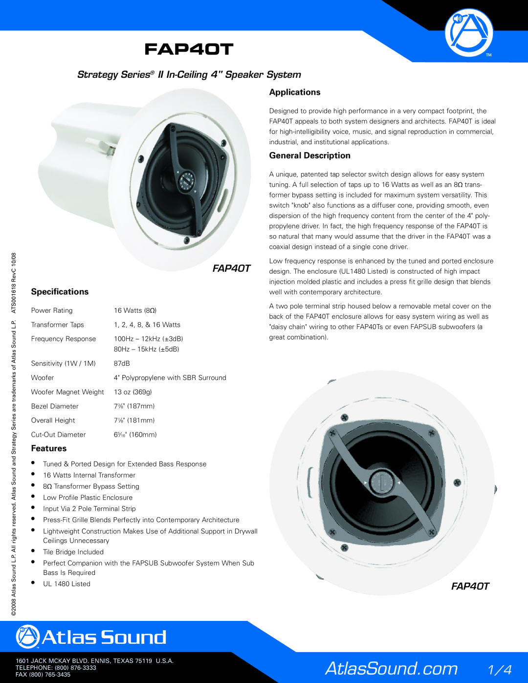 Atlas Sound FAP40T specifications Applications, General Description, Specifications, Features 