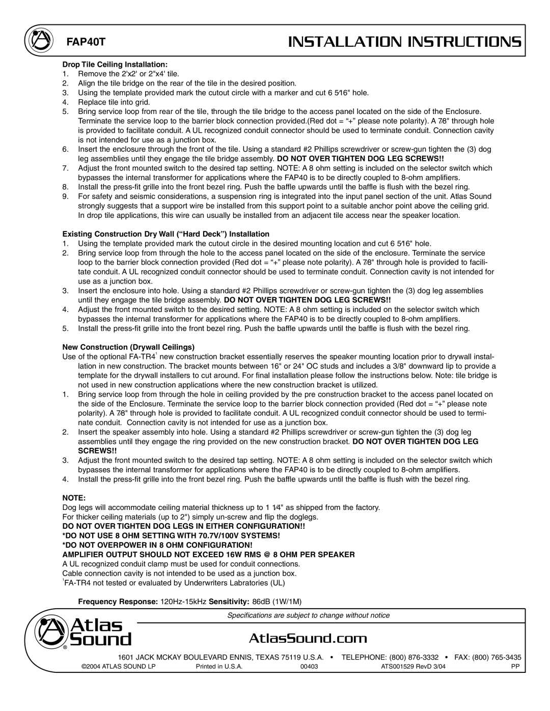 Atlas Sound FAP40T installation instructions Installation Instructions, AtlasSound.com, Screws 