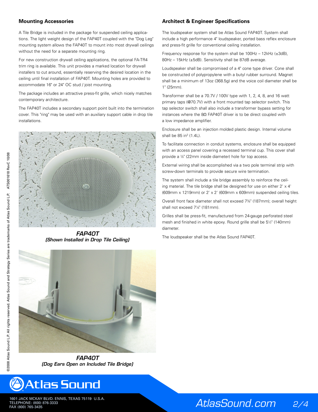 Atlas Sound FAP40T Mounting Accessories, Architect & Engineer Specifications, Shown Installed in Drop Tile Ceiling 