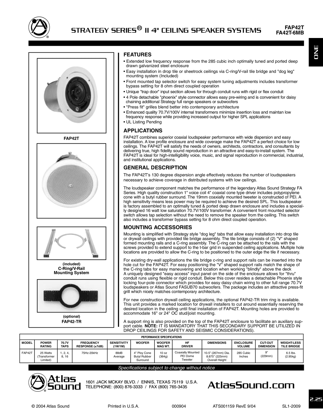 Atlas Sound FAP42T specifications FA42T-6MB, Features, Applications, General Description, Mounting Accessories 