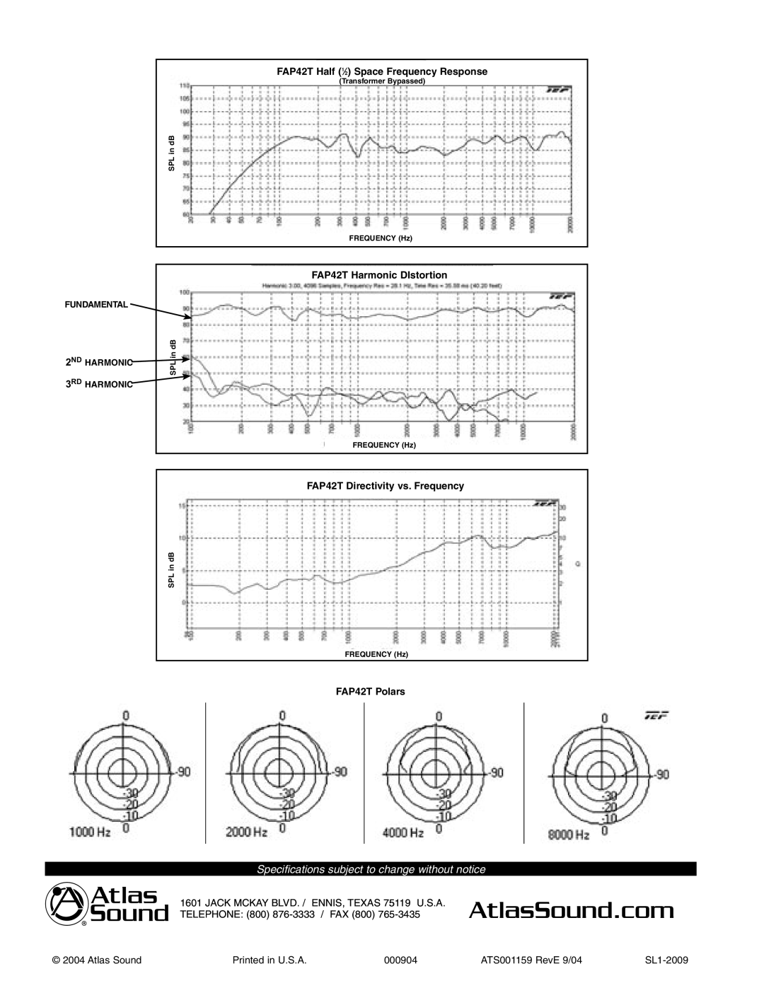 Atlas Sound specifications FAP42T Half 1⁄2 Space Frequency Response 