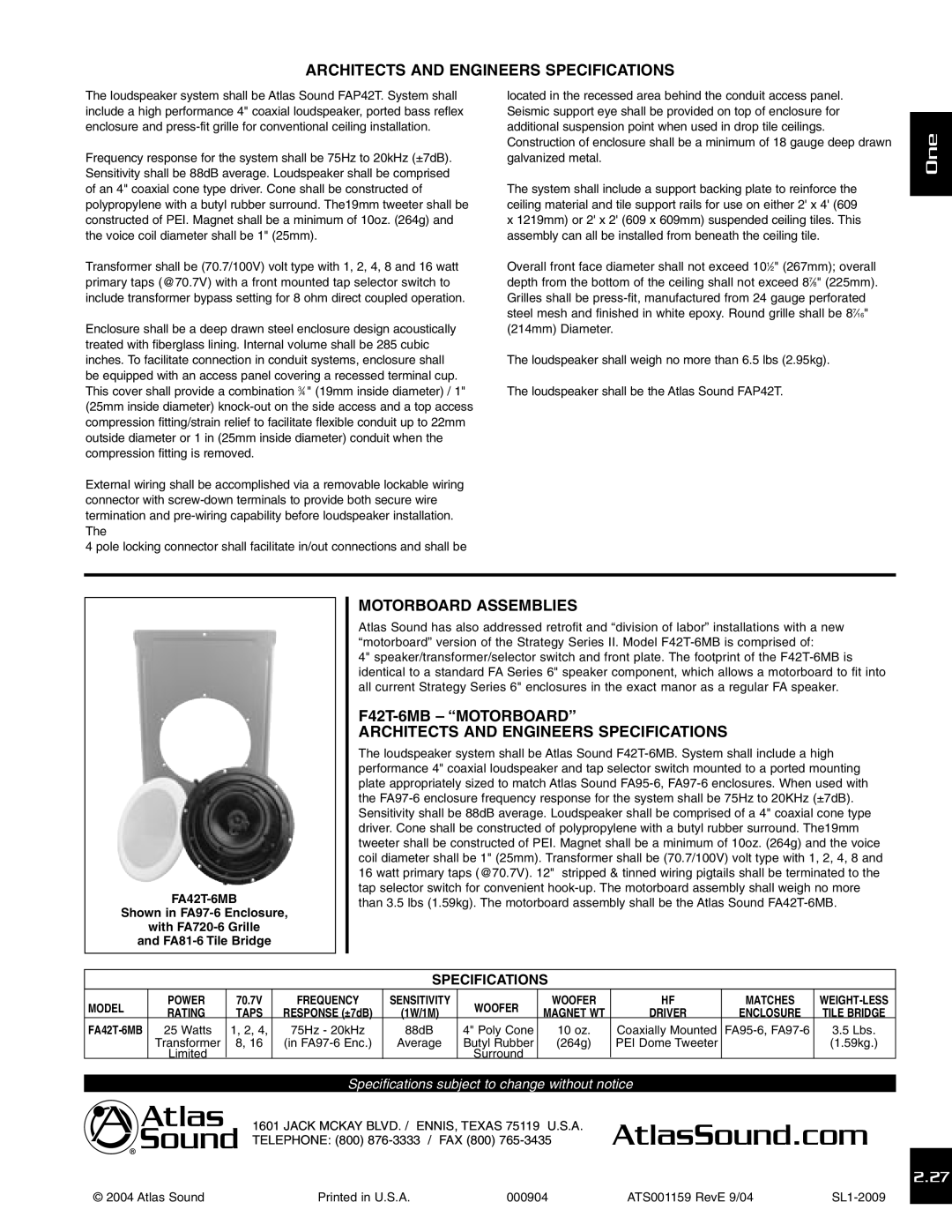 Atlas Sound FAP42T specifications Architects and Engineers Specifications, Motorboard Assemblies 