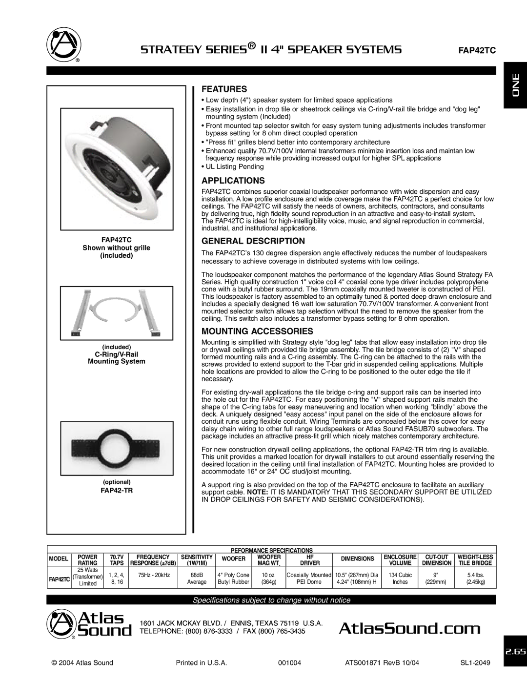 Atlas Sound FAP42TC specifications Features, Applications, General Description, Mounting Accessories 