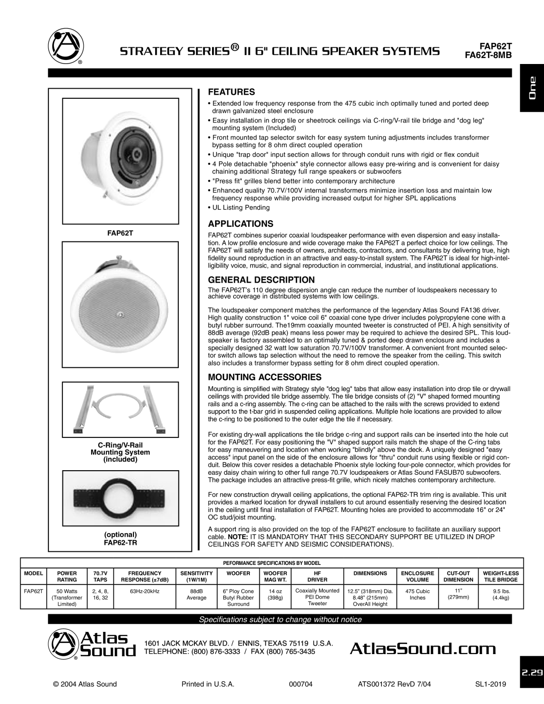 Atlas Sound specifications FAP62T FA62T-8MB, Features, Applications, General Description, Mounting Accessories 