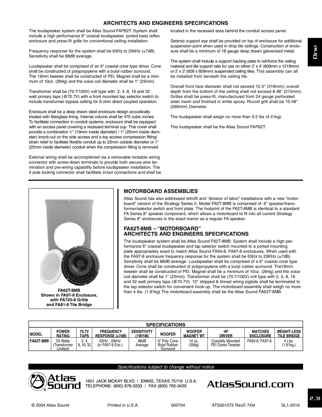 Atlas Sound FA62T-8MB, FAP62T specifications Architects and Engineers Specifications, Motorboard Assemblies 