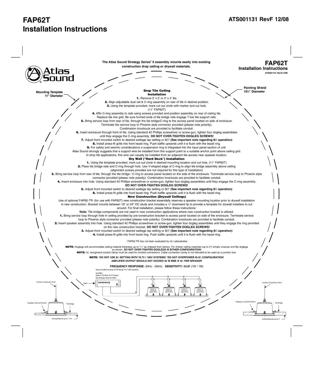 Atlas Sound FAP62T installation instructions Installation Instructions, Do not OVER-TIGHTEN Dogleg Screws 