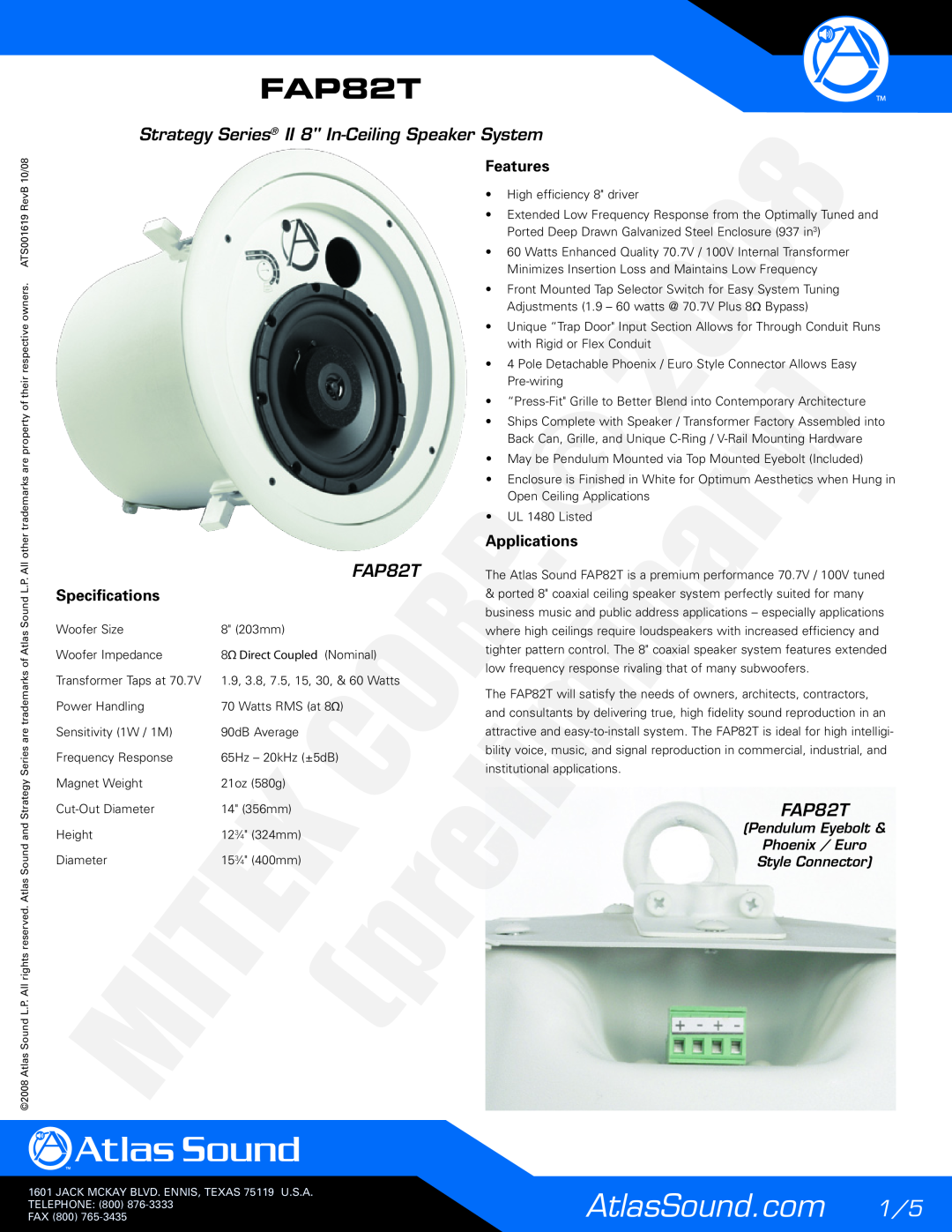 Atlas Sound FAP82T specifications Specifications, Features, Applications, Pendulum Eyebolt, Phoenix / Euro 