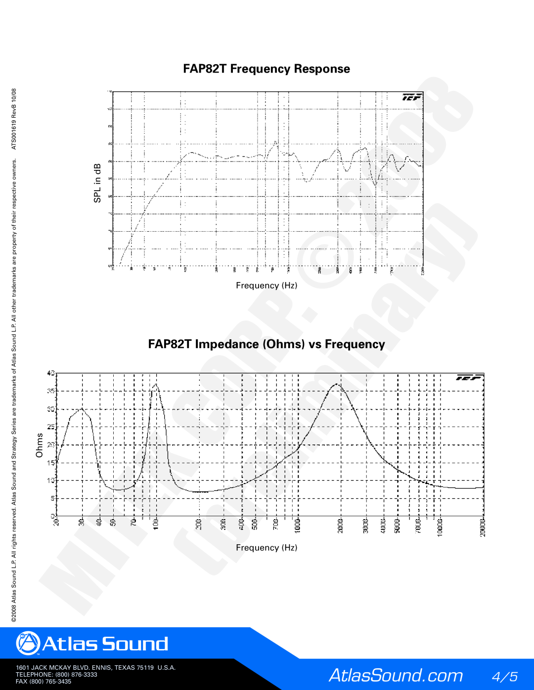 Atlas Sound specifications FAP82T Frequency Response, FAP82T Impedance Ohms vs Freque cy, SPL in dB, Fax 