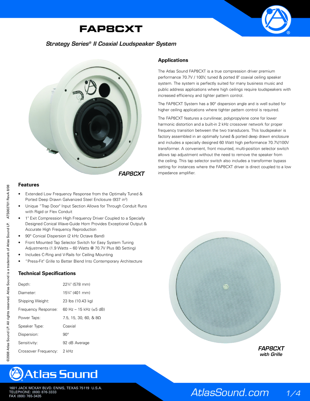 Atlas Sound FAP8CXT technical specifications Features Applications, Technical Specifications 