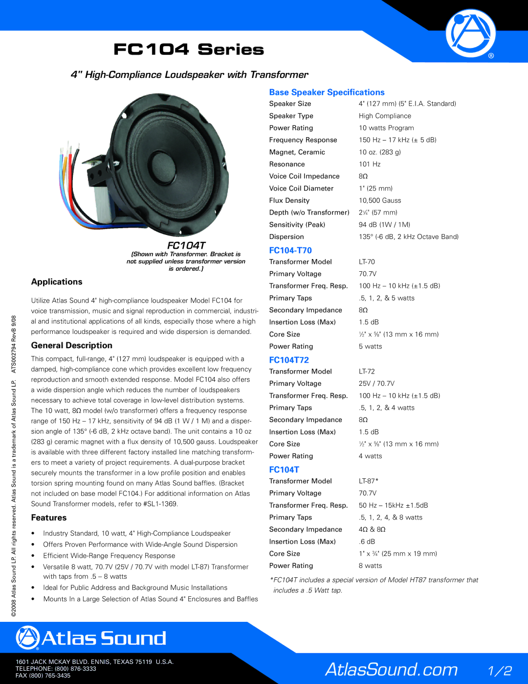 Atlas Sound FC104-T70, FC104T72 specifications High-Compliance Loudspeaker with Transformer 