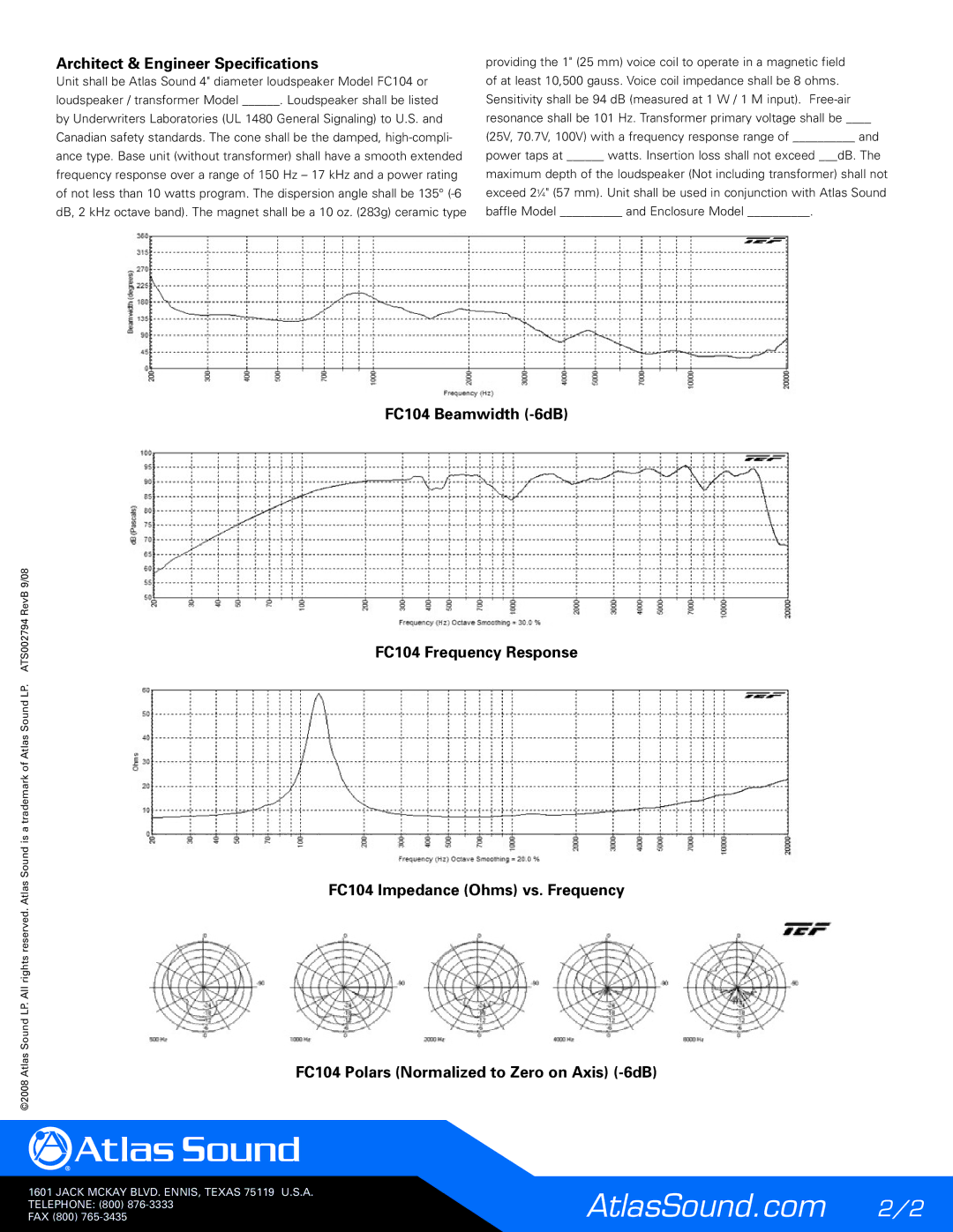 Atlas Sound FC104T72, FC104-T70 specifications Architect & Engineer Specifications 