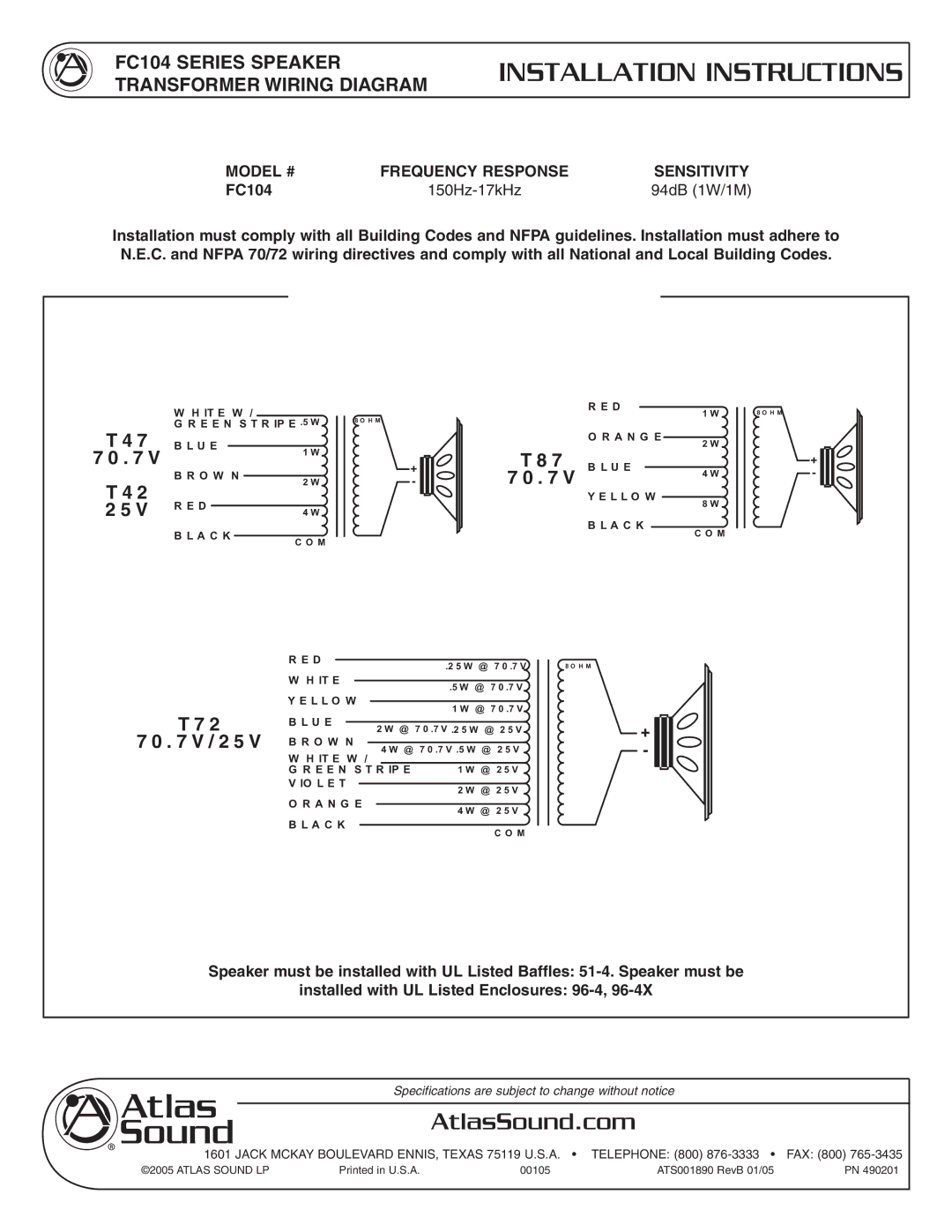 Atlas Sound FC104 installation instructions Installation Instructions, AtlasSound.com, O W N 