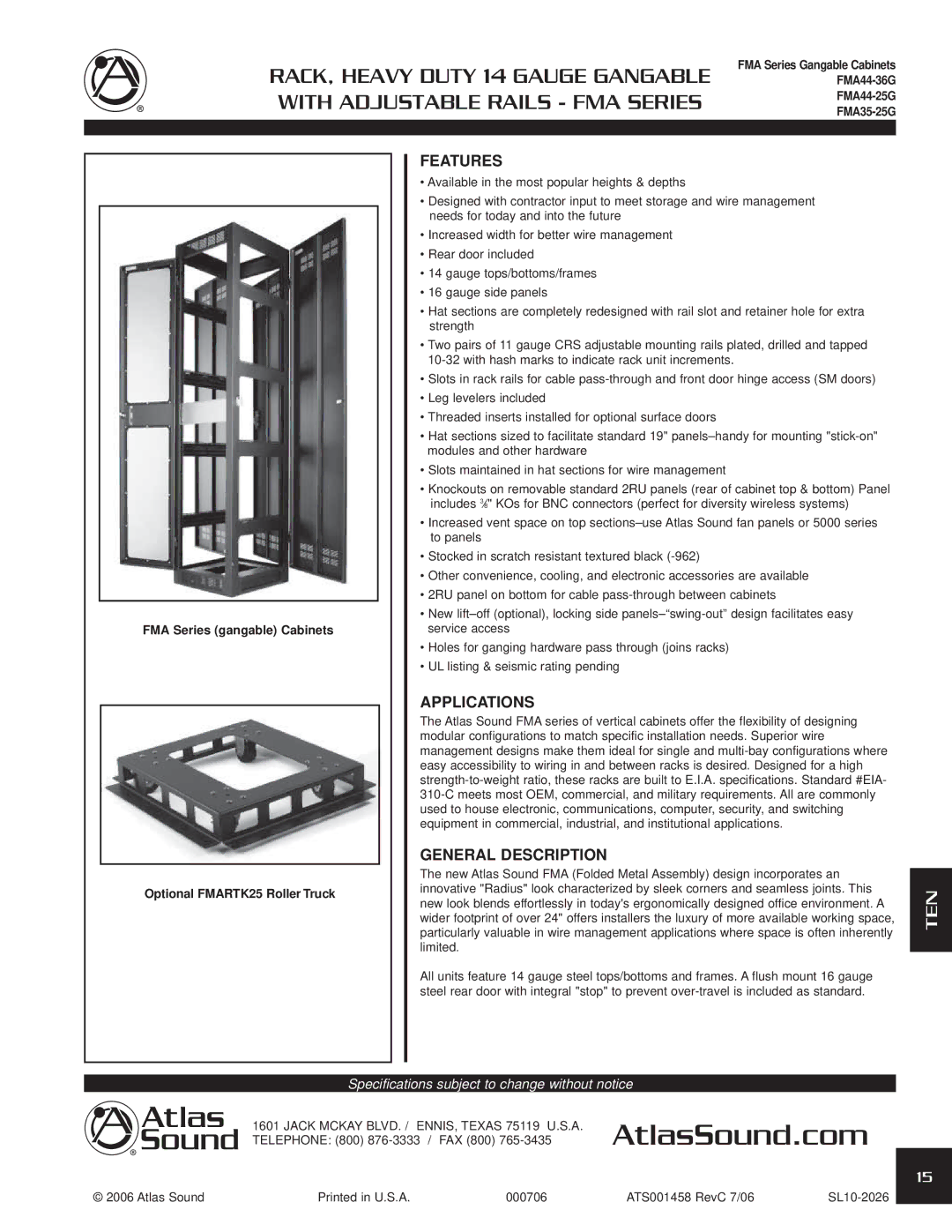 Atlas Sound FMA44-25G specifications Features, Applications, General Description, Telephone 800 876-3333 / FAX 800 