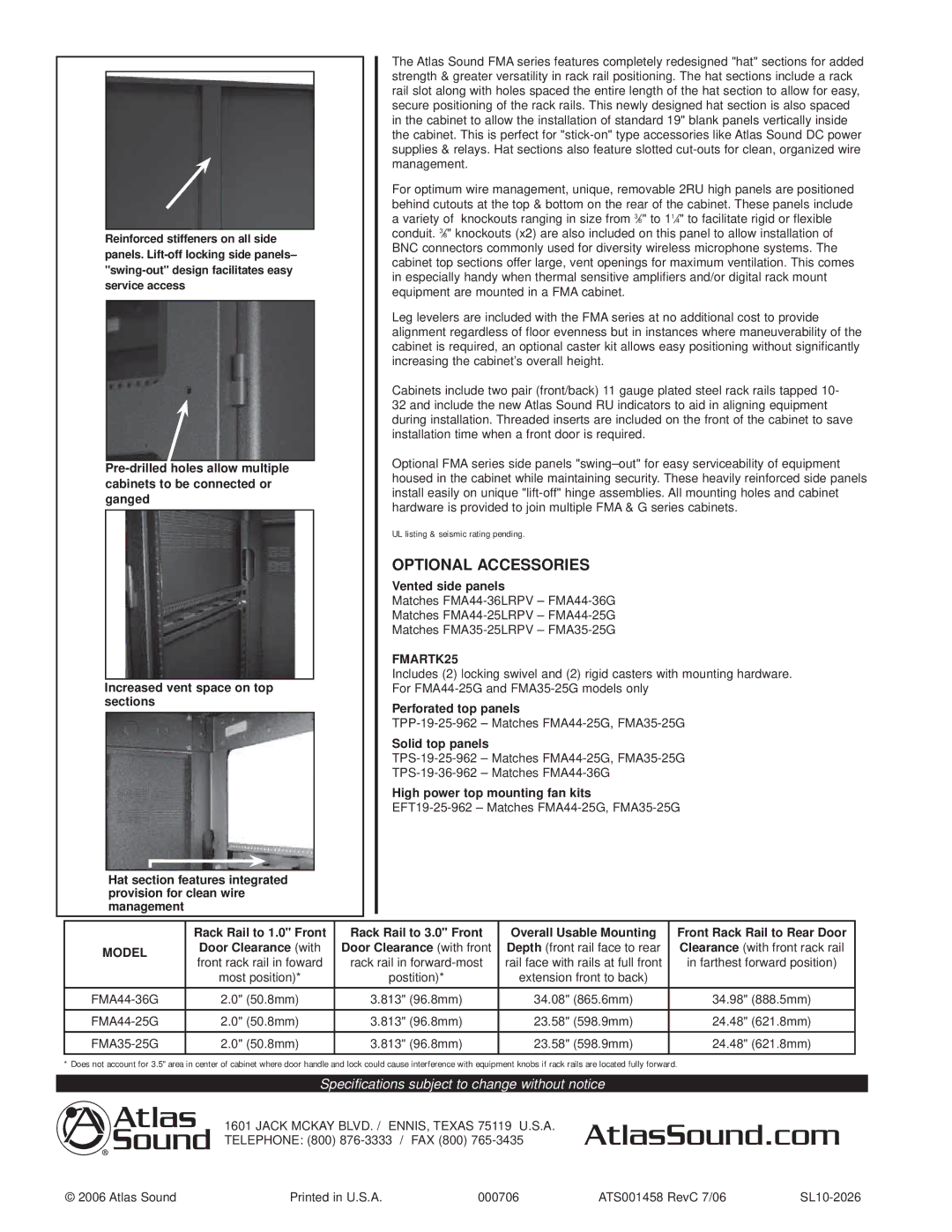 Atlas Sound FMA44-36G specifications Optional Accessories, TPP-19-25-962 Matches FMA44-25G, FMA35-25G, Postition 