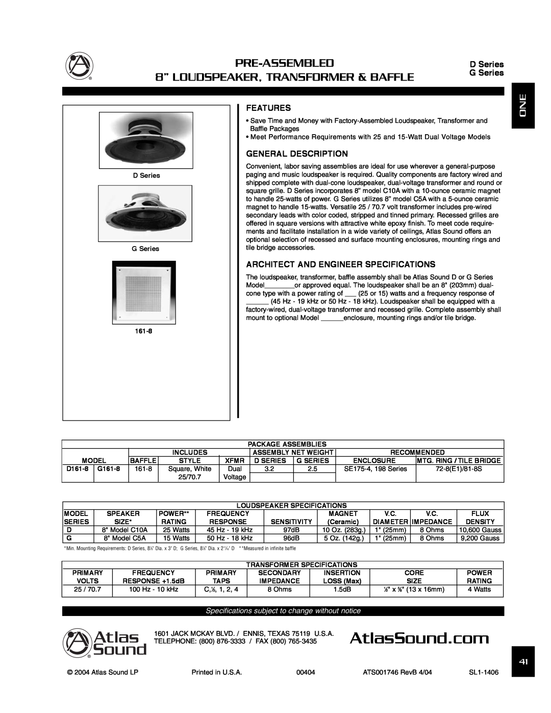 Atlas Sound D161-8 specifications Pre-Assembled, 8” LOUDSPEAKER, TRANSFORMER & BAFFLE, Features, General Description 