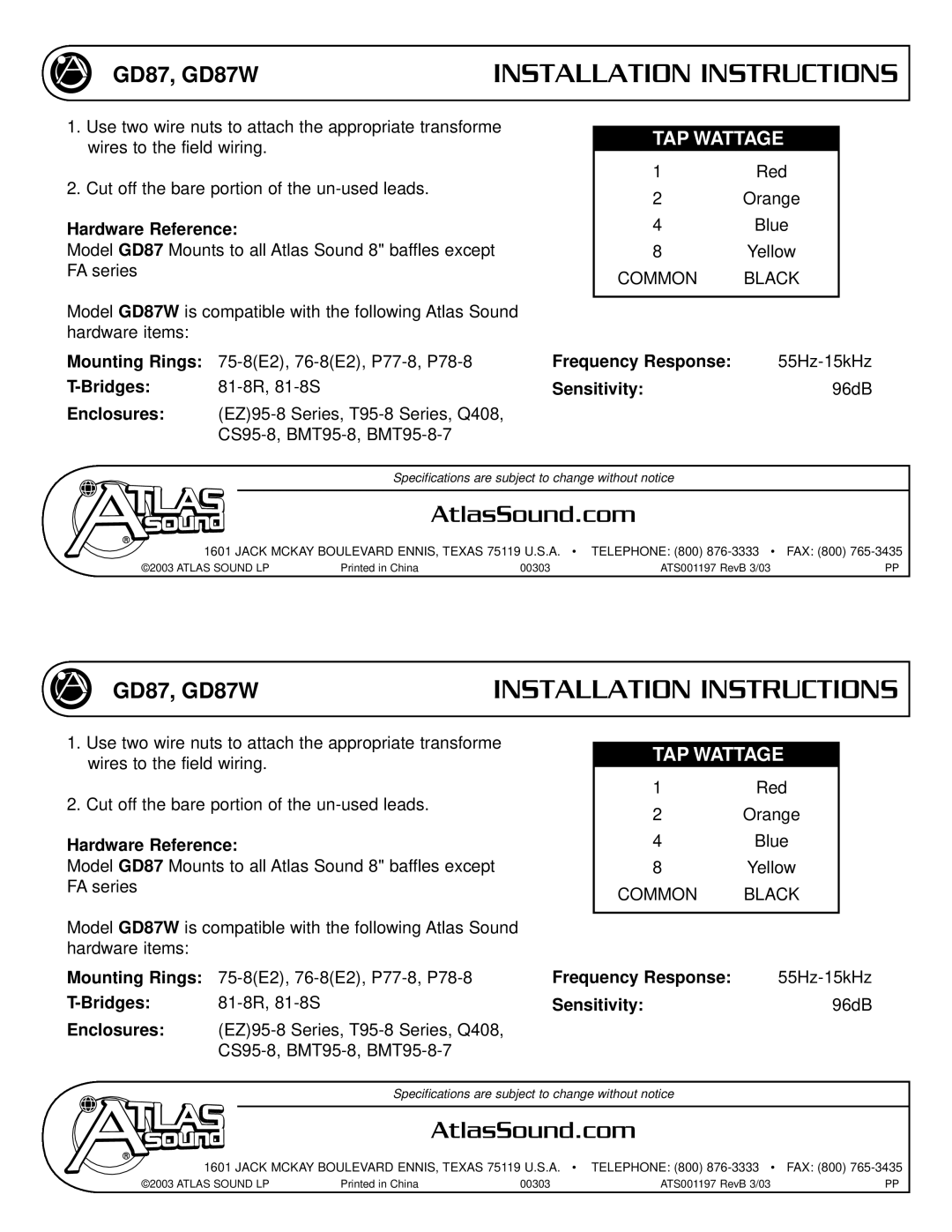 Atlas Sound GD87W installation instructions Installation Instructions, AtlasSound.com, TAP Wattage 