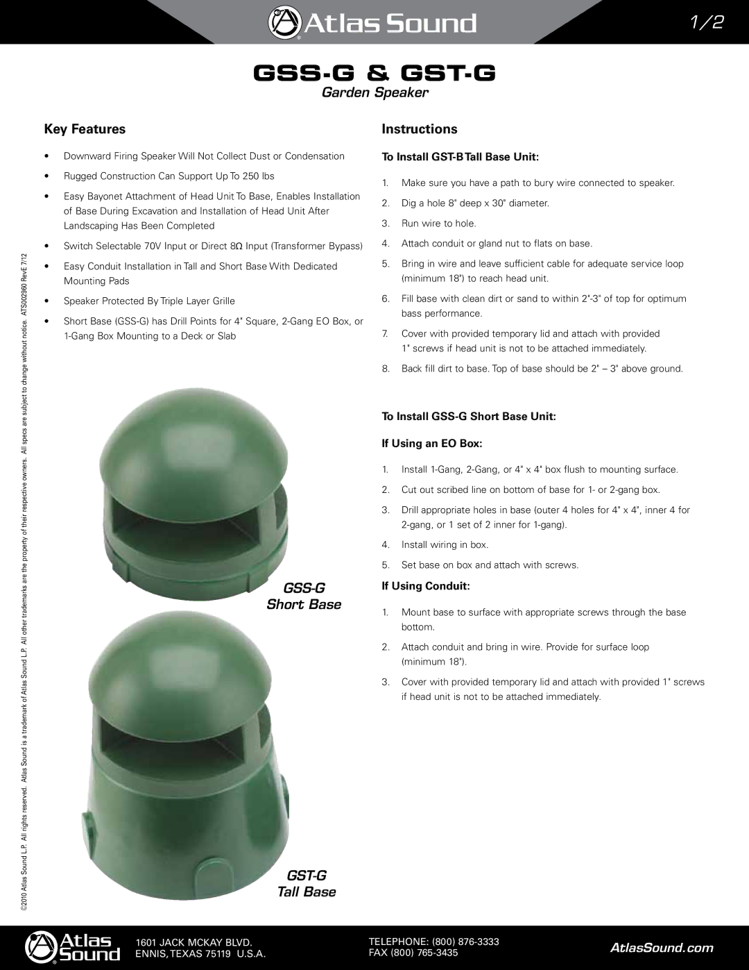 Atlas Sound GSS-G, GST-G manual Key Features, To Install GST-B Tall Base Unit, If Using Conduit 