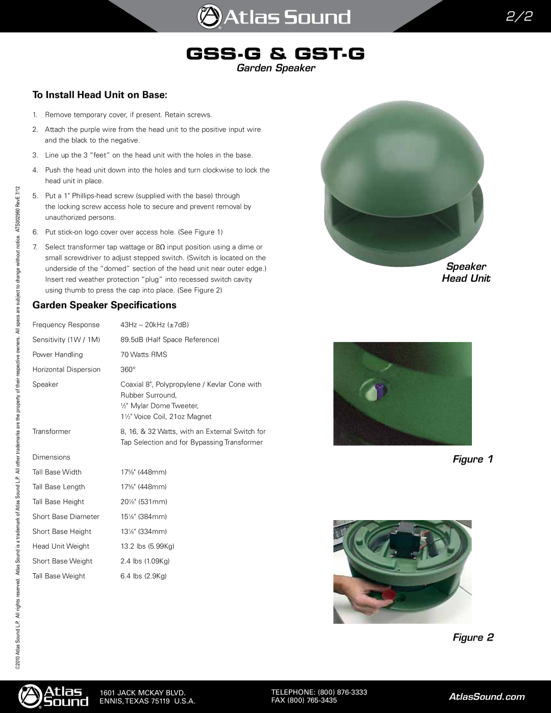 Atlas Sound GST-G, GSS-G manual To Install Head Unit on Base, Garden Speaker Specifications 