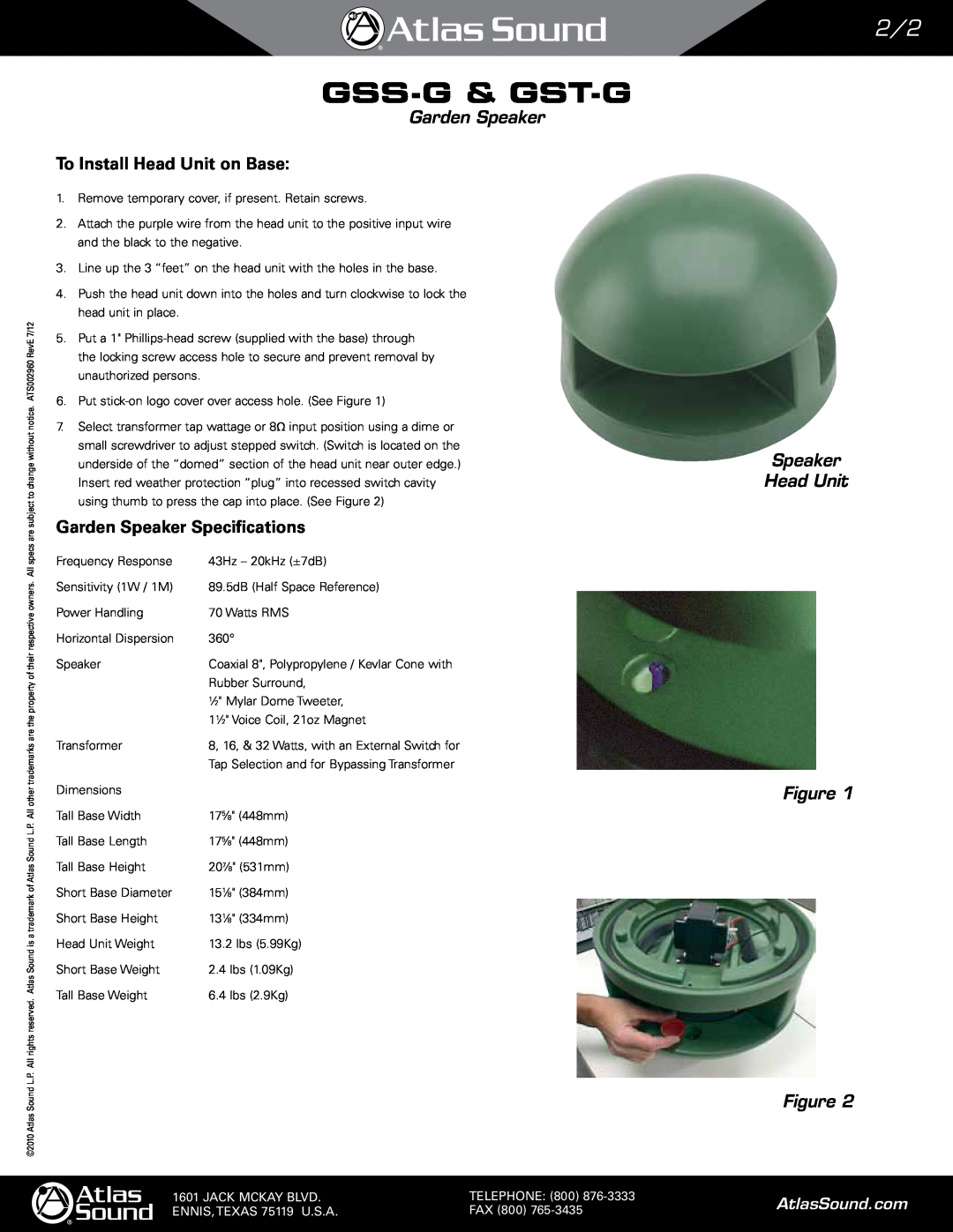 Atlas Sound GST-G To Install Head Unit on Base, Garden Speaker Specifications, Speaker Head Unit Figure Figure, Telephone 