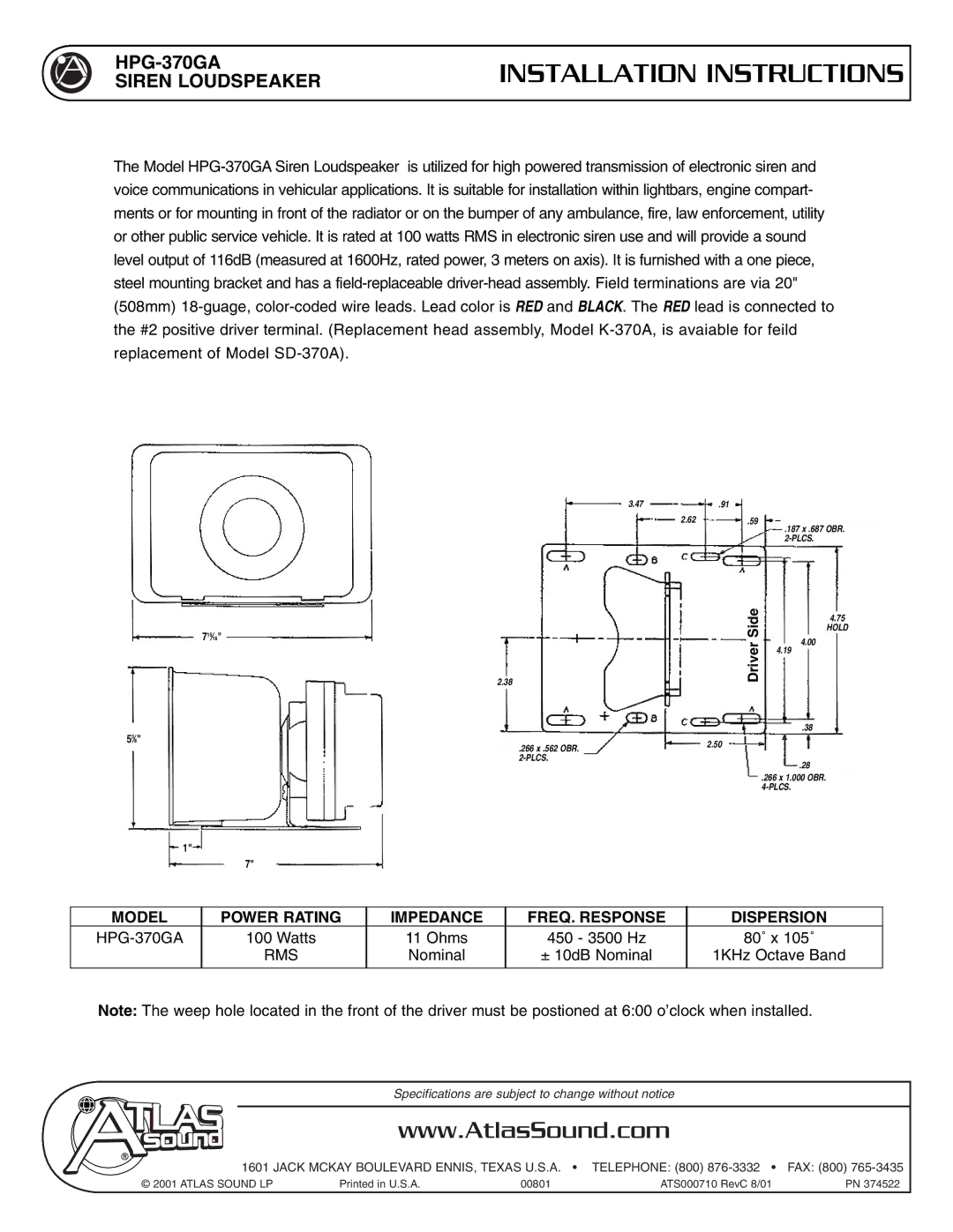 Atlas Sound installation instructions Installation Instructions, HPG-370GA Watts Ohms 450 3500 Hz 80˚ x 105˚, Rms 