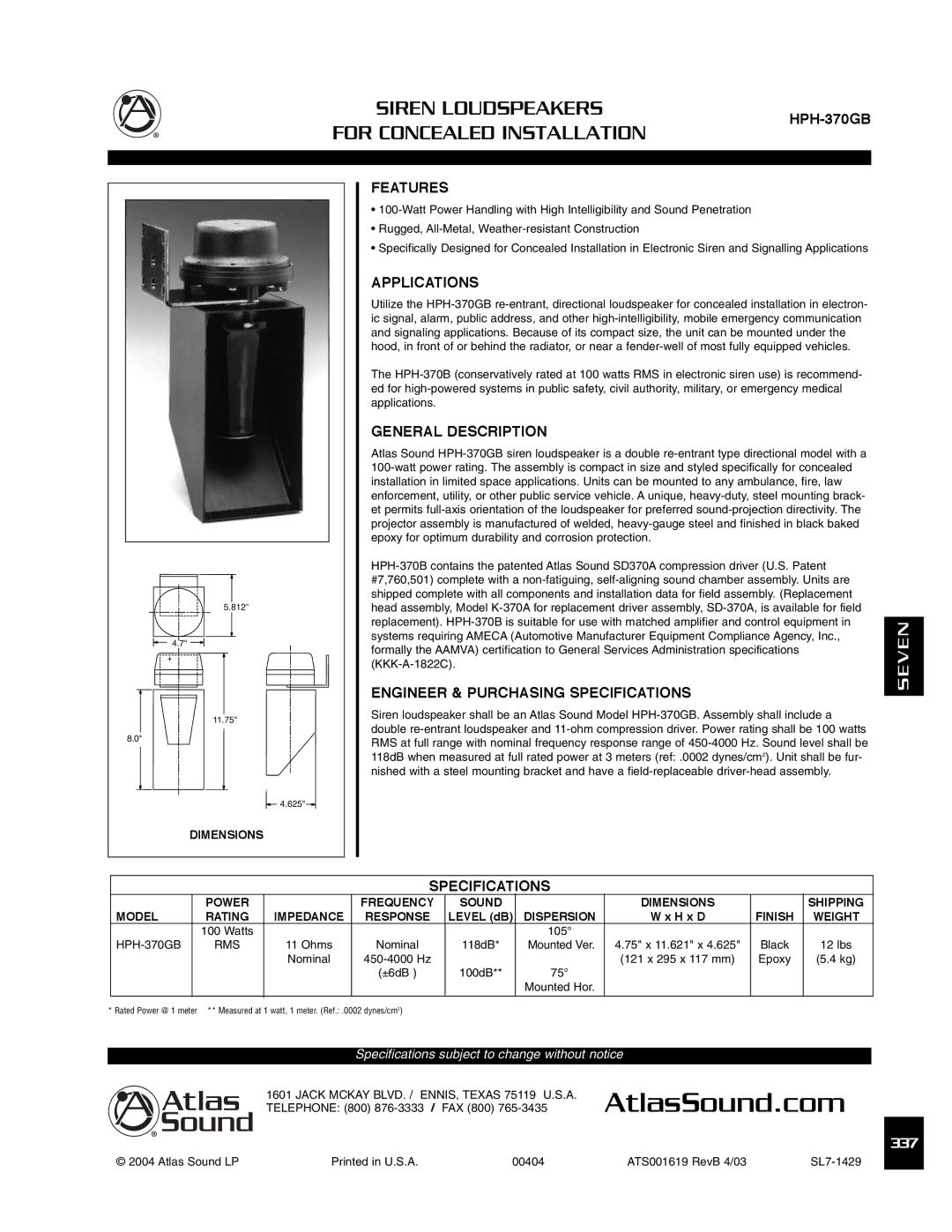 Atlas Sound HPH-370GB specifications Applications, General Description, Engineer & Purchasing Specifications 