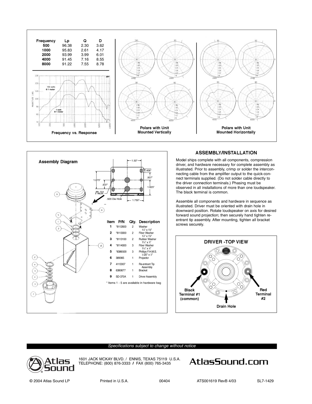 Atlas Sound HPH-370GB specifications Assembly/Installation, Driver -TOP View, Telephone 800 