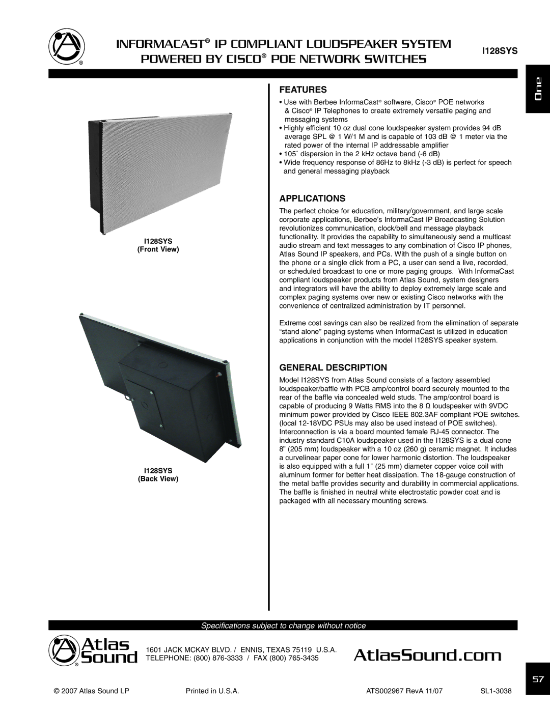 Atlas Sound I128SYS specifications AtlasSound.com, Informacast IP Compliant Loudspeaker System, POE Network Switches 