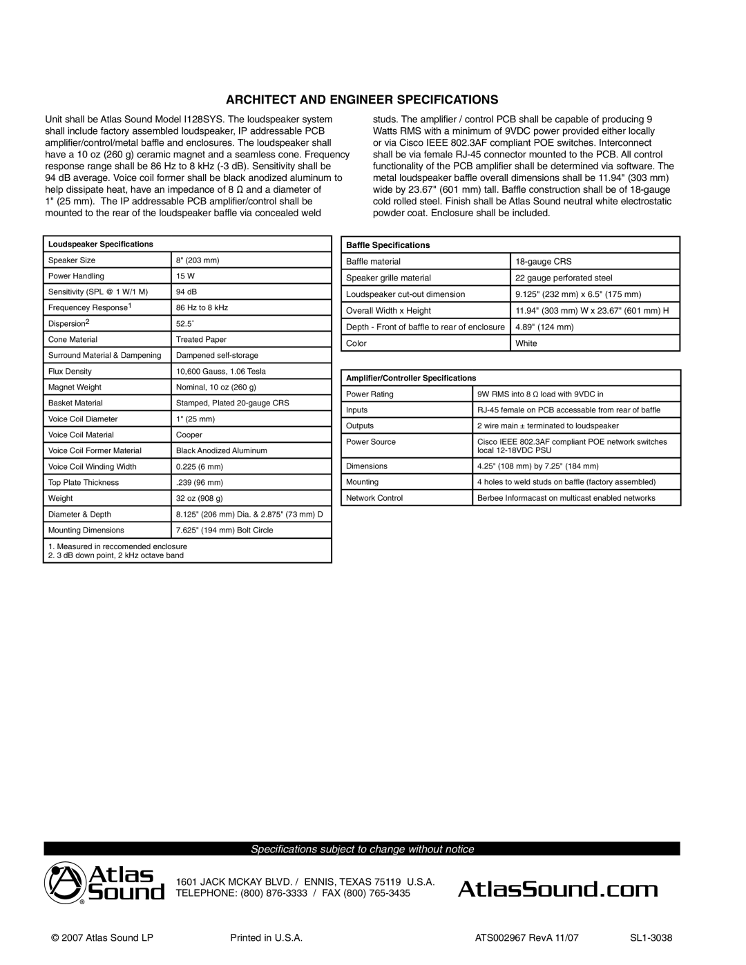 Atlas Sound I128SYS specifications Architect and Engineer Specifications, Loudspeaker Speciﬁcations, Bafﬂe Speciﬁcations 