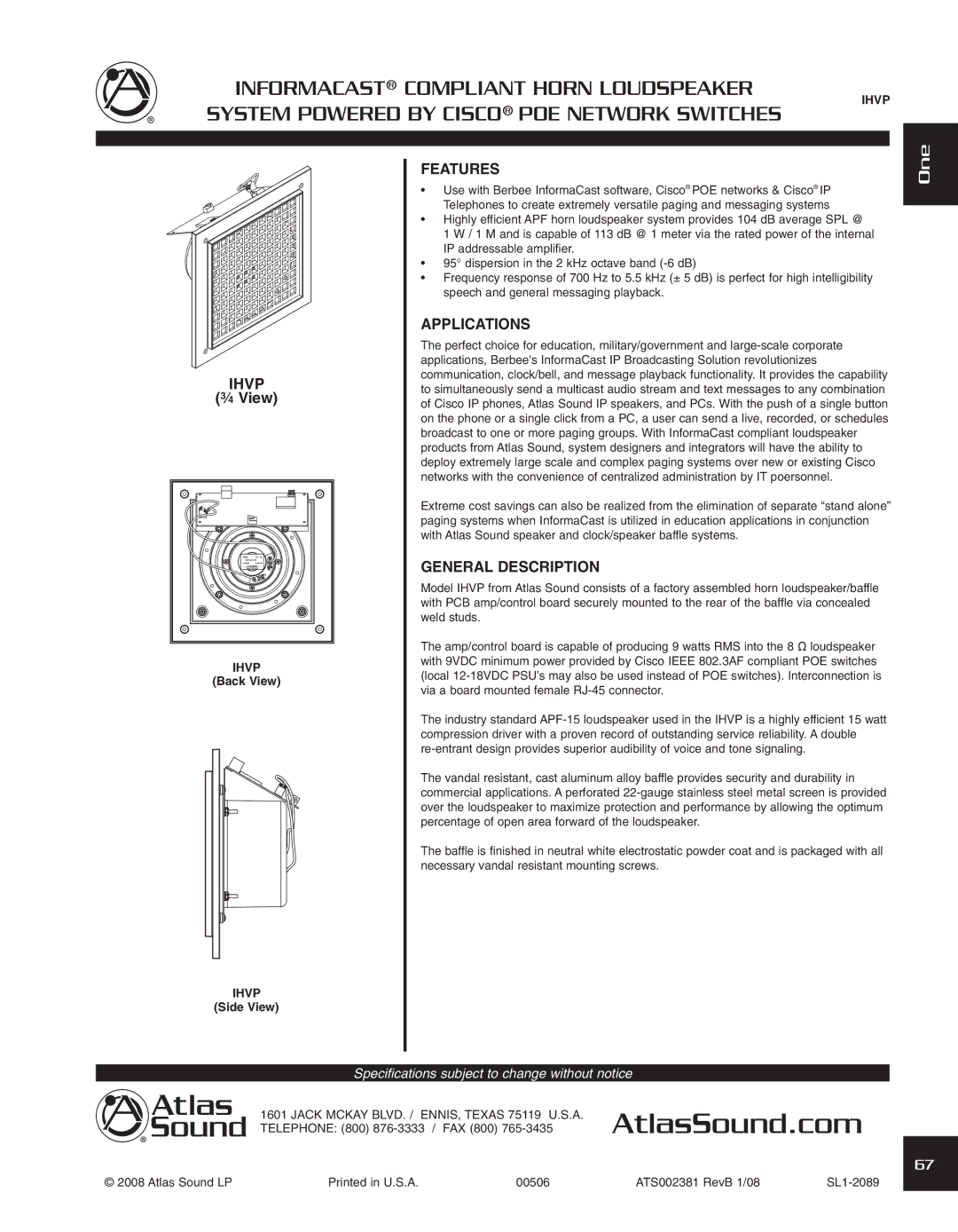 Atlas Sound IHVP specifications Features, Applications, Ihvp, General Description 