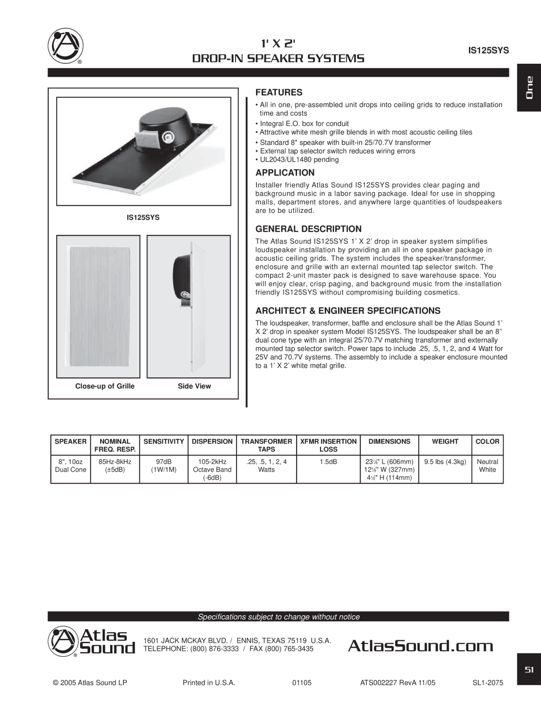 Atlas Sound IS125SYS specifications DROP-IN Speaker Systems, One 