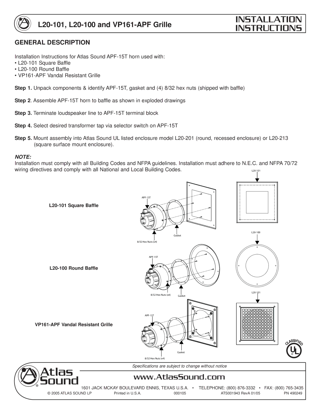 Atlas Sound installation instructions Installation Instructions, L20-101, L20-100 and VP161-APF Grille 