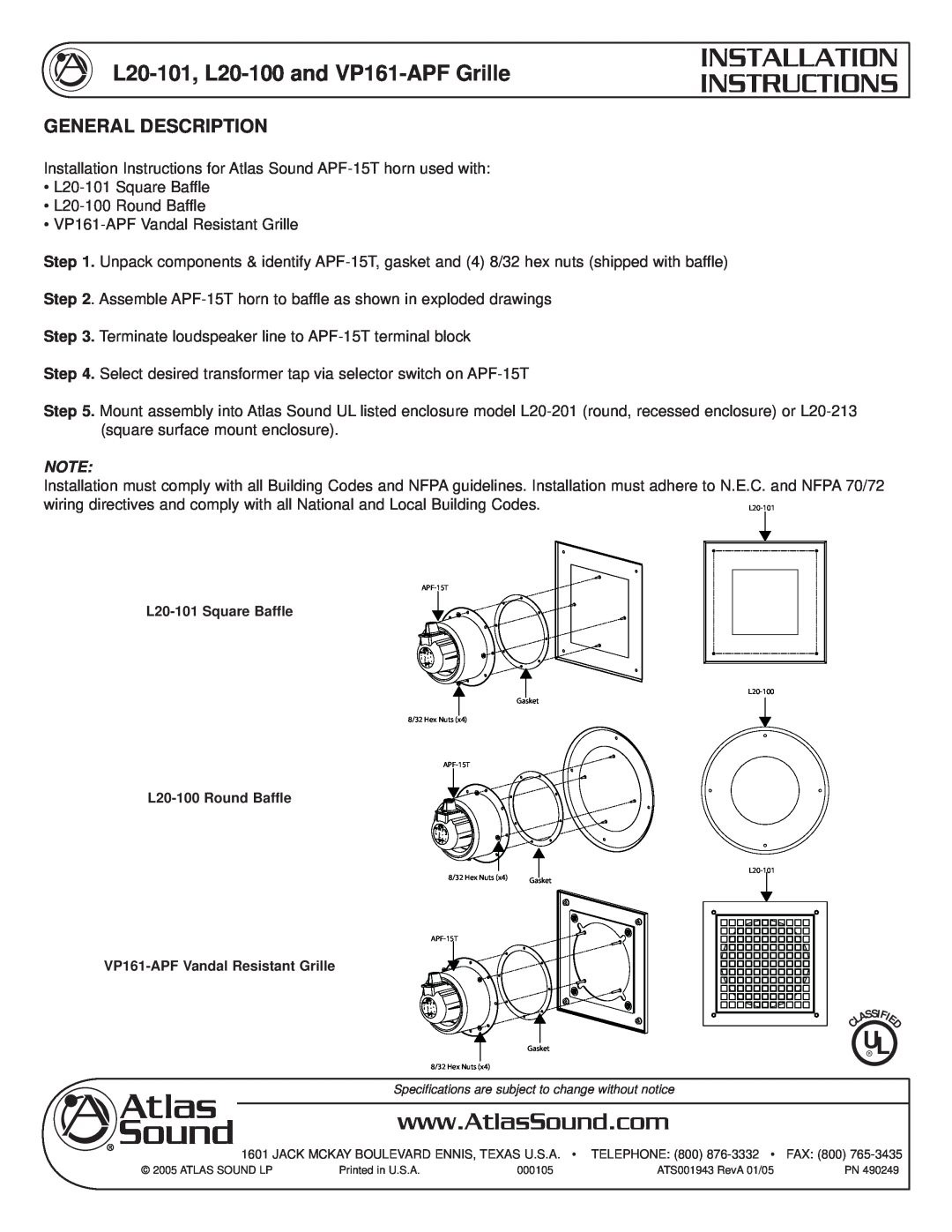 Atlas Sound installation instructions Installation Instructions, L20-101, L20-100and VP161-APFGrille 