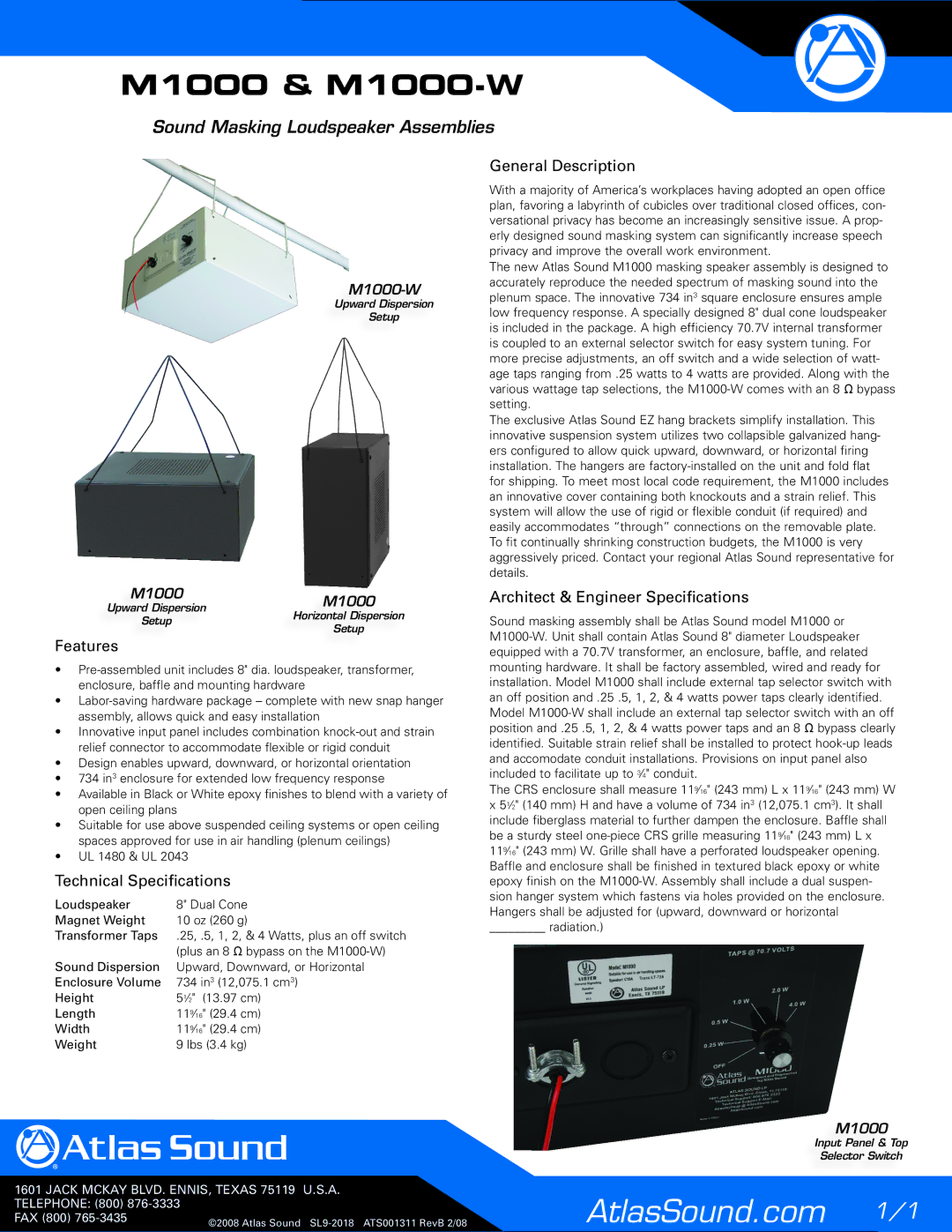 Atlas Sound technical specifications M1000 & M1000-W, Sound Masking Loudspeaker Assemblies 