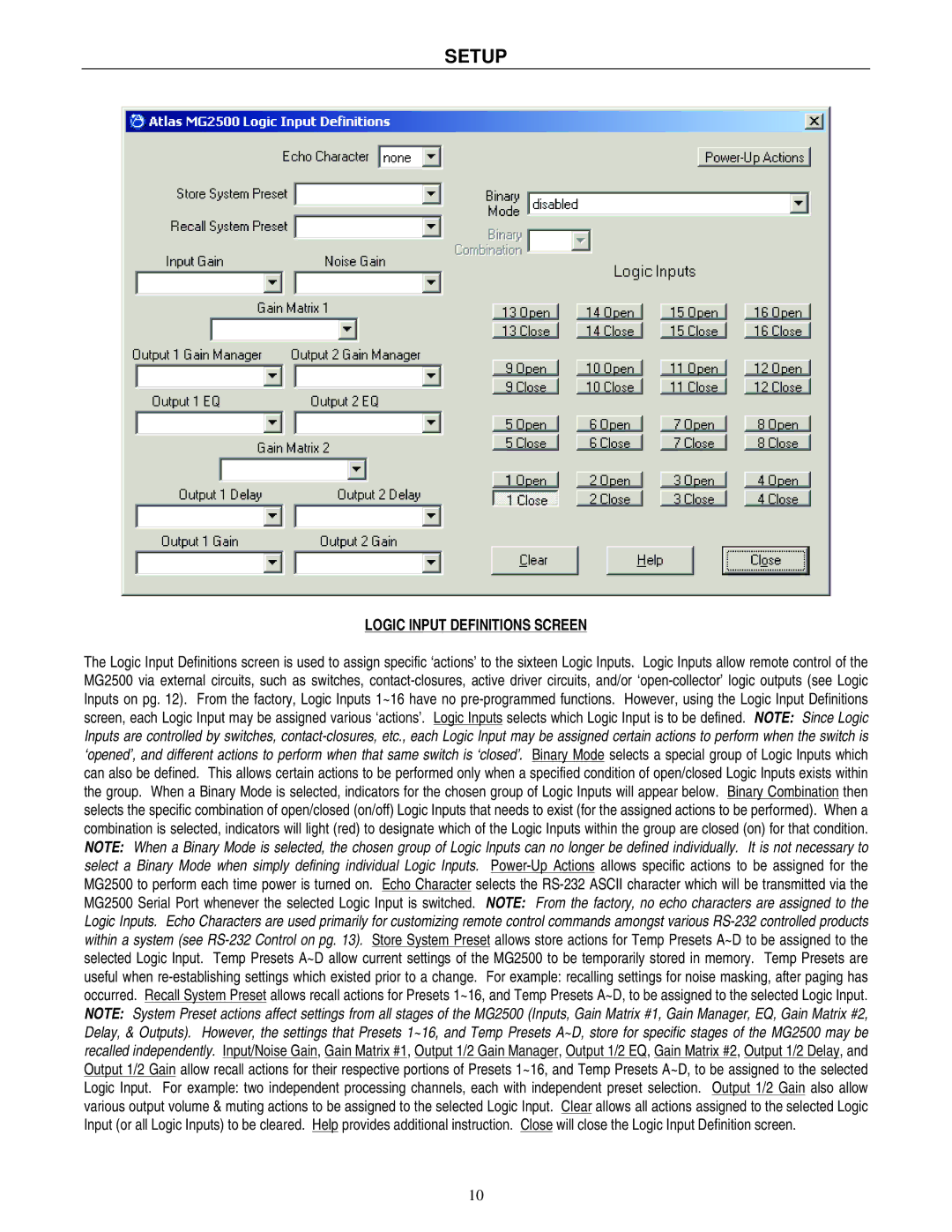Atlas Sound MG2500 operation manual Logic Input Definitions Screen 