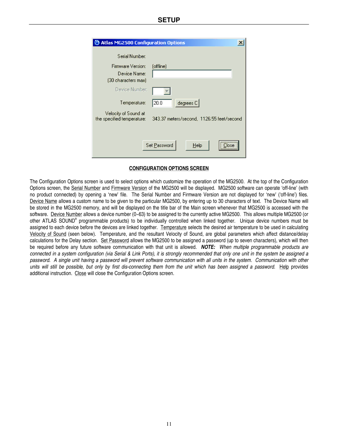 Atlas Sound MG2500 operation manual Configuration Options Screen 