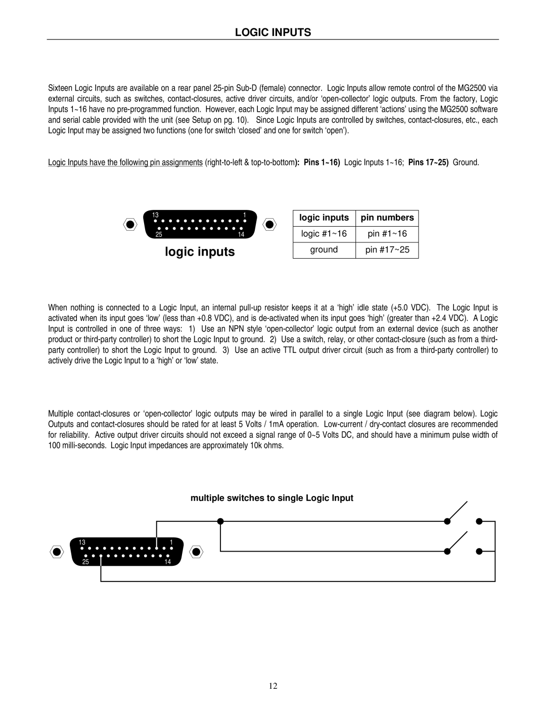 Atlas Sound MG2500 operation manual Logic Inputs, Logic inputs Pin numbers, Multiple switches to single Logic Input 