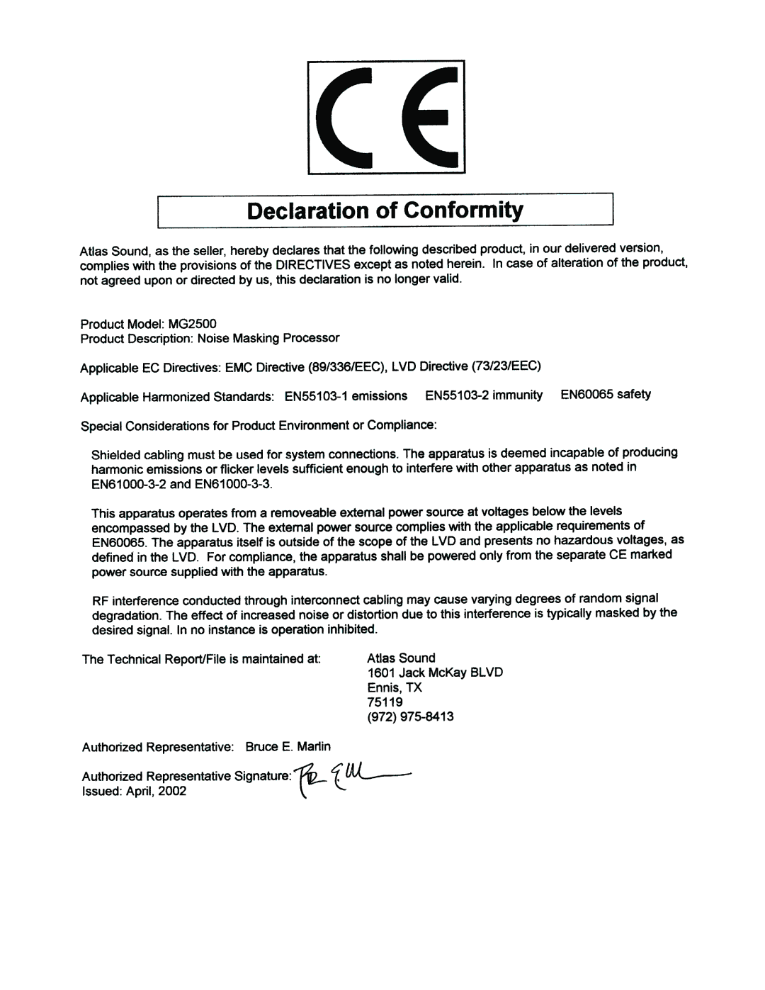 Atlas Sound MG2500 operation manual 