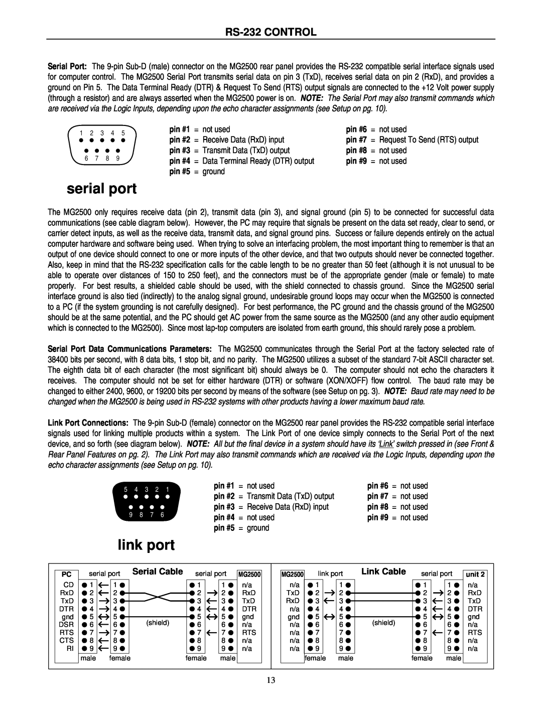 Atlas Sound MG2500 operation manual serial port, link port, RS-232CONTROL, pin #1 =, pin #6 =, pin #2 =, pin #7 =, pin #3 = 