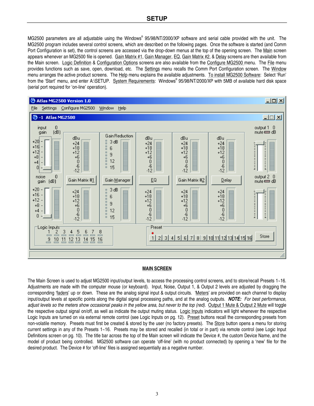 Atlas Sound MG2500 operation manual Setup, Main Screen 
