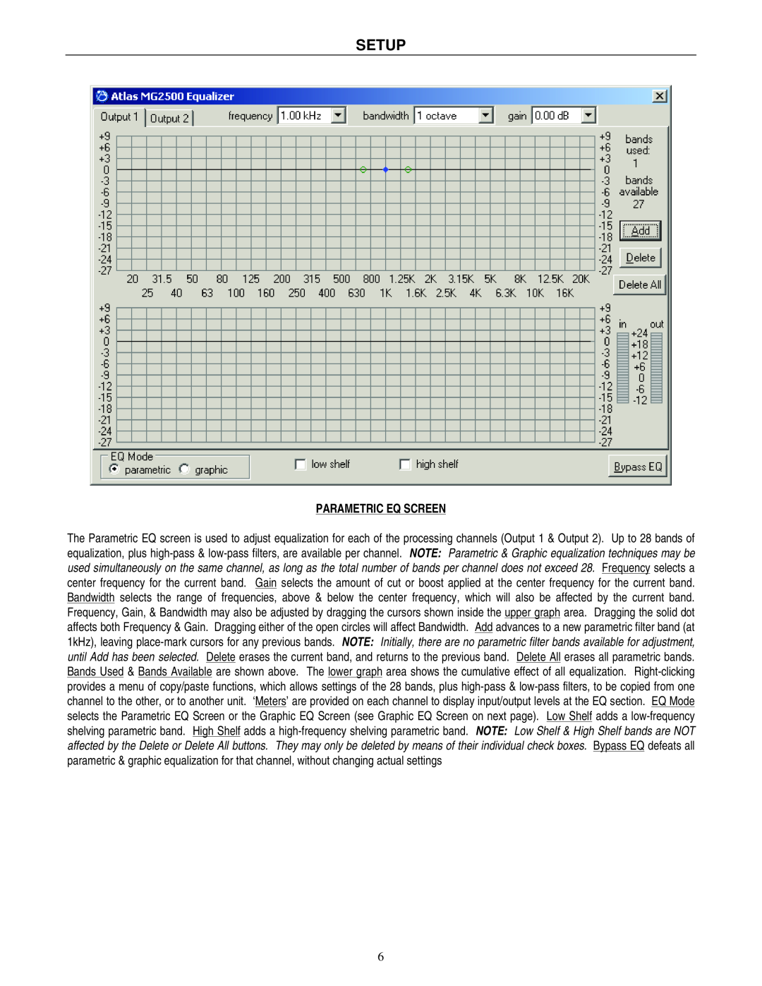 Atlas Sound MG2500 operation manual Setup, Parametric Eq Screen 