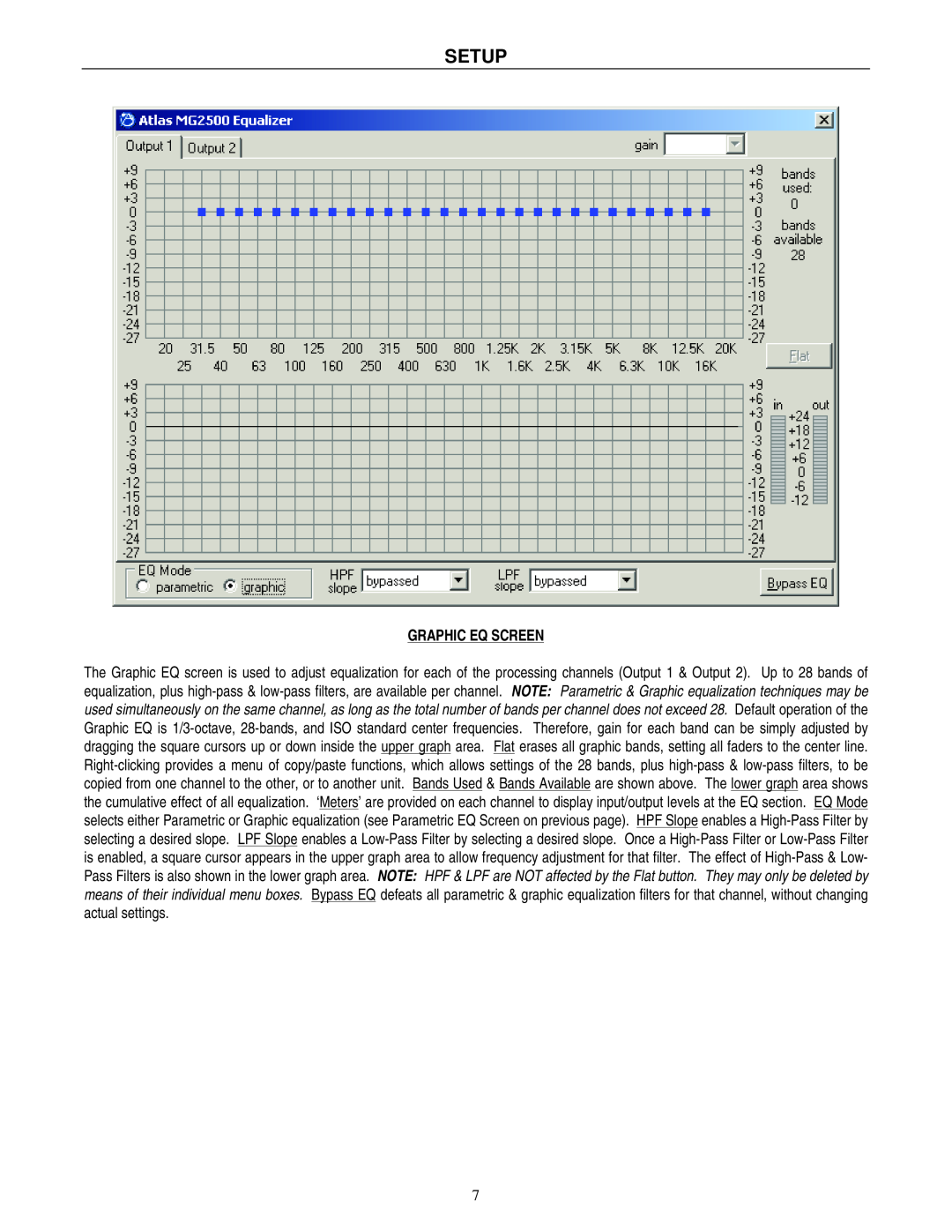Atlas Sound MG2500 operation manual Setup, Graphic Eq Screen 