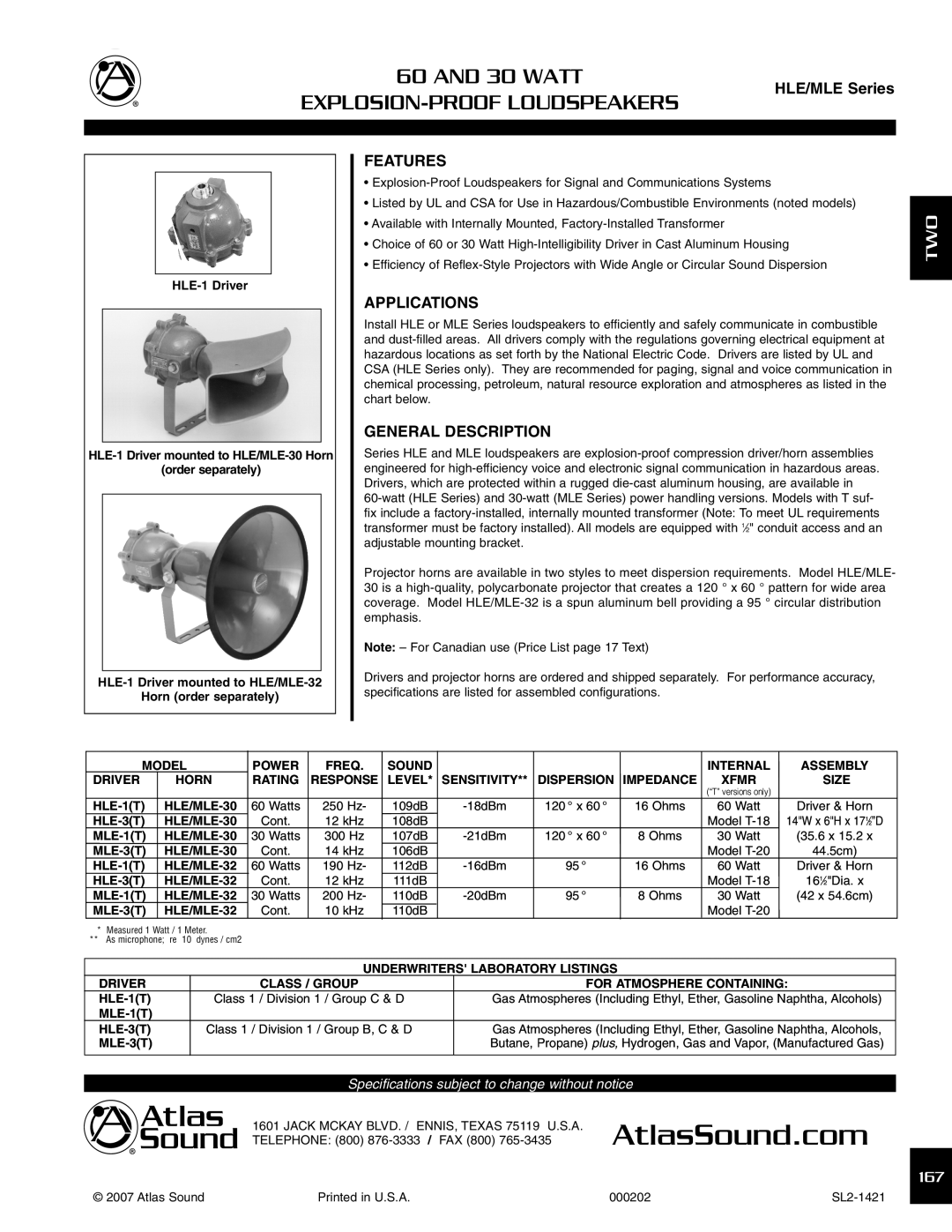 Atlas Sound HLE Series, MLE Series specifications AtlasSound.com, Watt, Two, EXPLOSION-PROOF Loudspeakers 