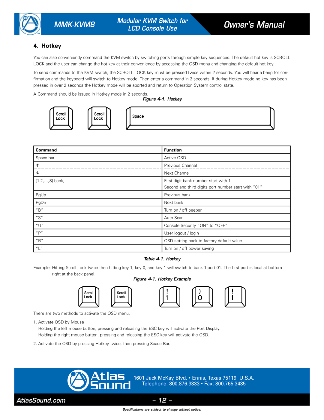 Atlas Sound MMK-KVM8 specifications Hotkey, Command Function 