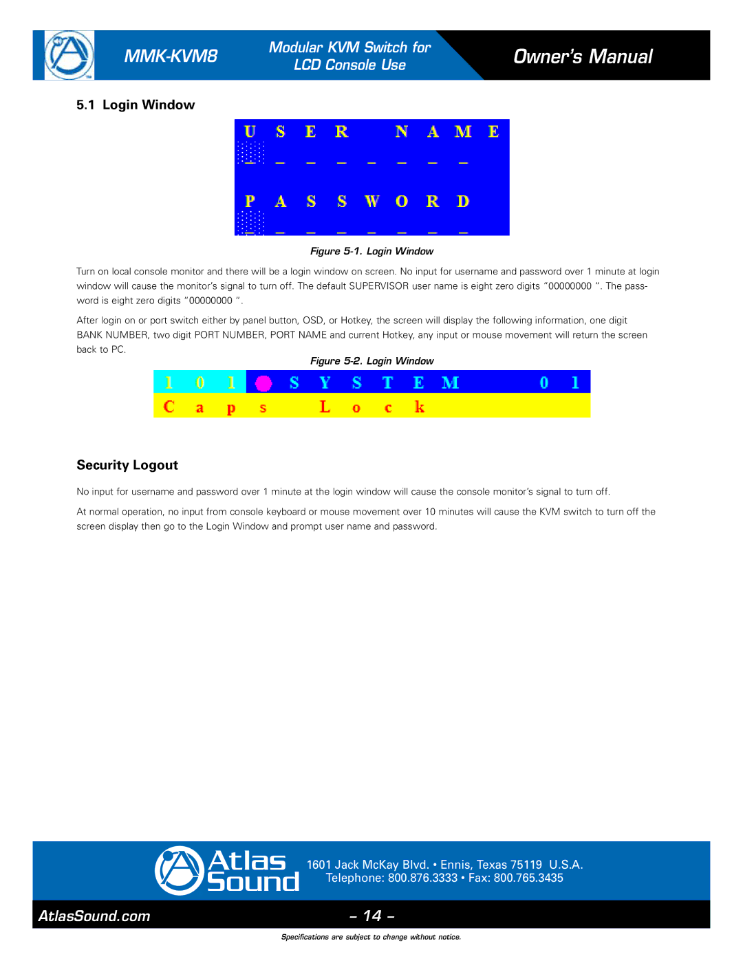 Atlas Sound MMK-KVM8 specifications Login Window, Security Logout 