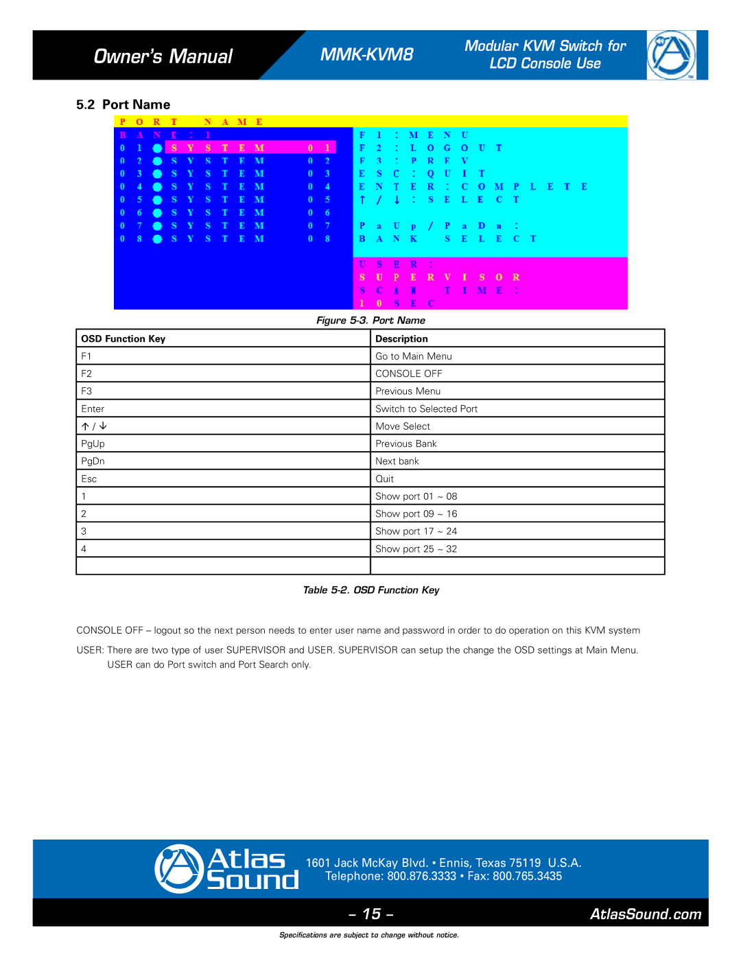 Atlas Sound MMK-KVM8 specifications Port Name, Go to Main Menu, Previous Menu, Enter Switch to Selected Port, Move Select 