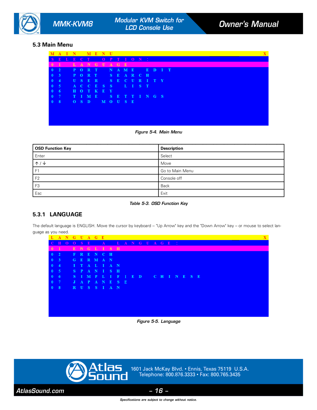 Atlas Sound MMK-KVM8 specifications Main Menu, Language 